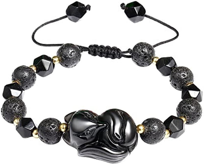 Lava Rock & Black Obsidian Fox Lucky Bracelets