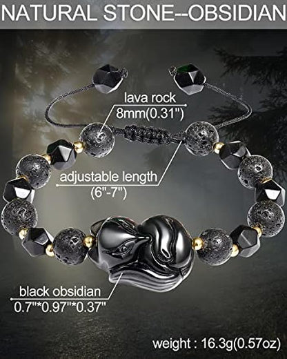 Lava Rock & Black Obsidian Fox Lucky Bracelets