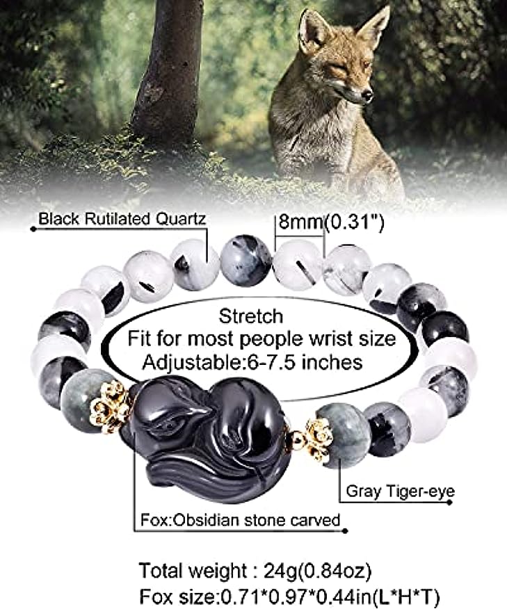 Obsidian Fox Bracelet Black Rutilated Quartz Gemstone